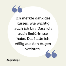 Zitat über ein Angehörigenseminar in weißem Kreis mit Anführungszeichen.
